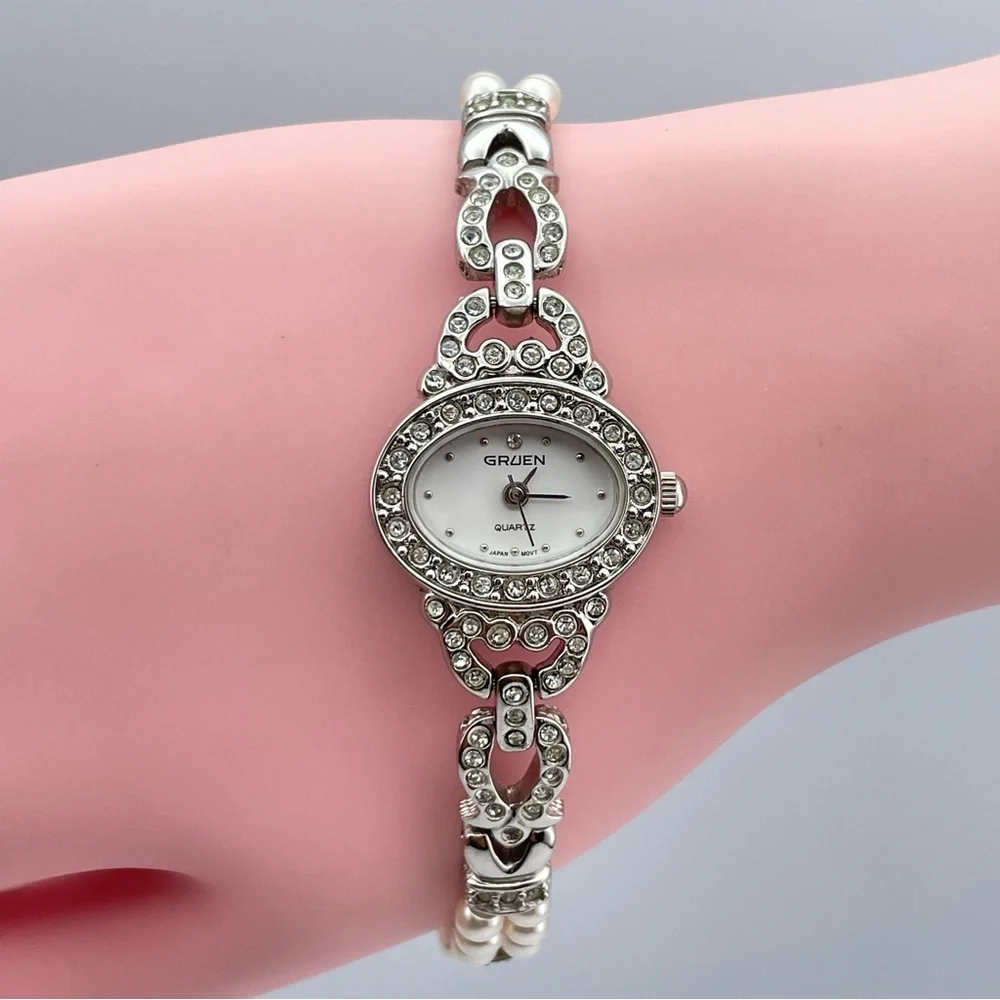 Gruen Pearl & Crystal Bracelet Watch Silver Tone Japan Quartz New Battery